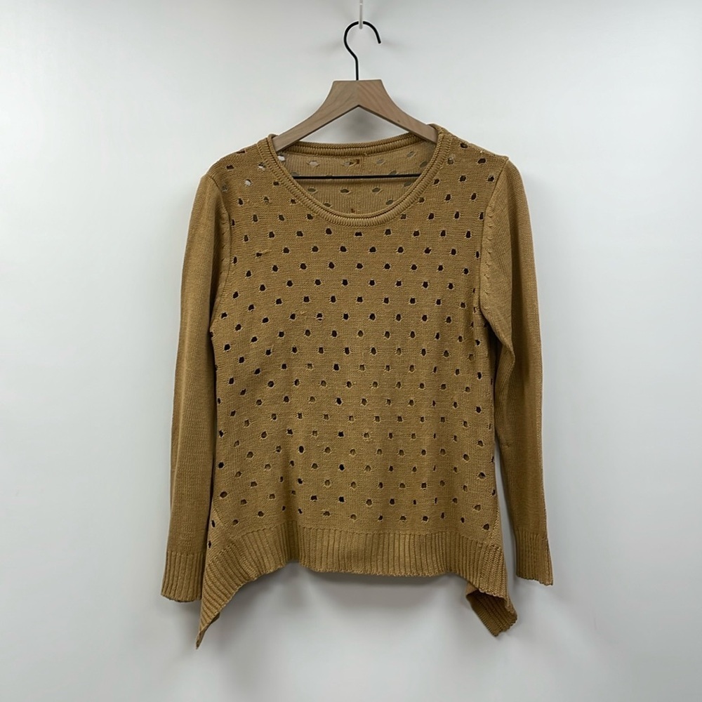 Vintage Crewneck Distressed Open Knit Pullover Sweater Tan
